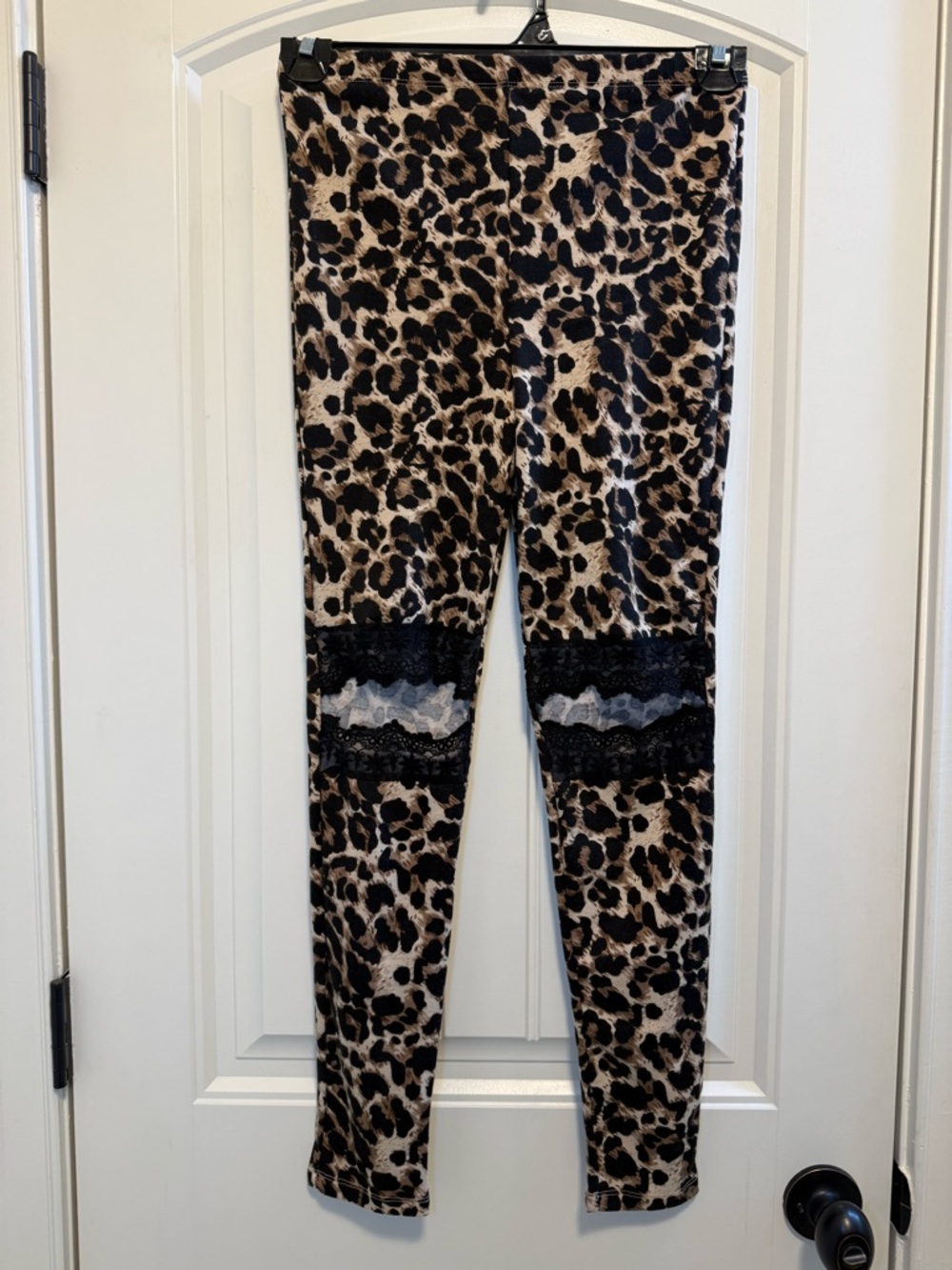 Hayden Girls Leopard Print Leggings with Black Lace Trim - Brown/Black